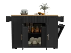 Best Hauss Spole Carrinho de cozinha com 2 portas, 3 gavetas e compartimento para o lixo, puxadores em metal, tampo com textura de madeira Preto