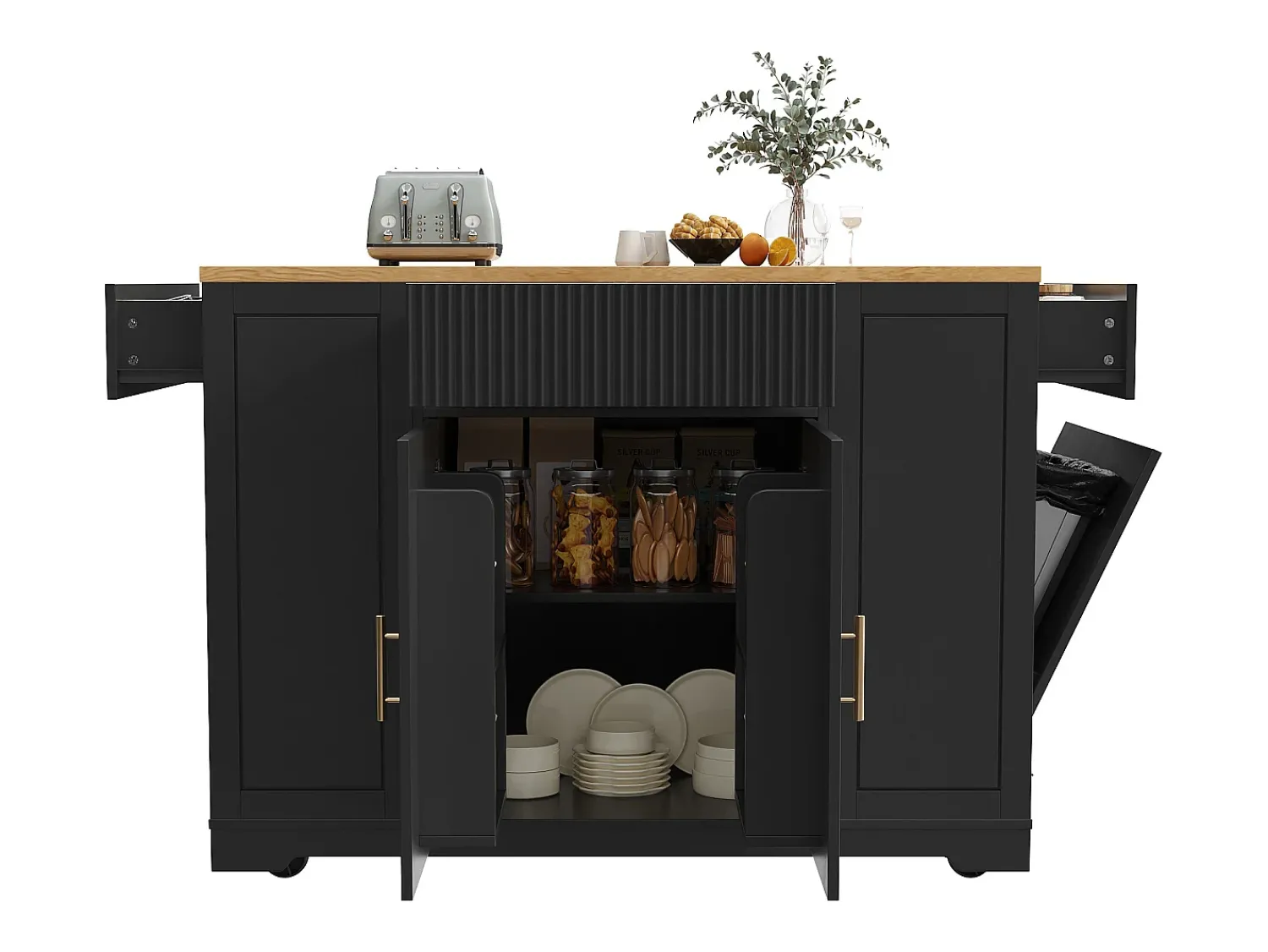 Best Hauss Spole Carrinho de cozinha com 2 portas, 3 gavetas e compartimento para o lixo, puxadores em metal, tampo com textura de madeira Preto