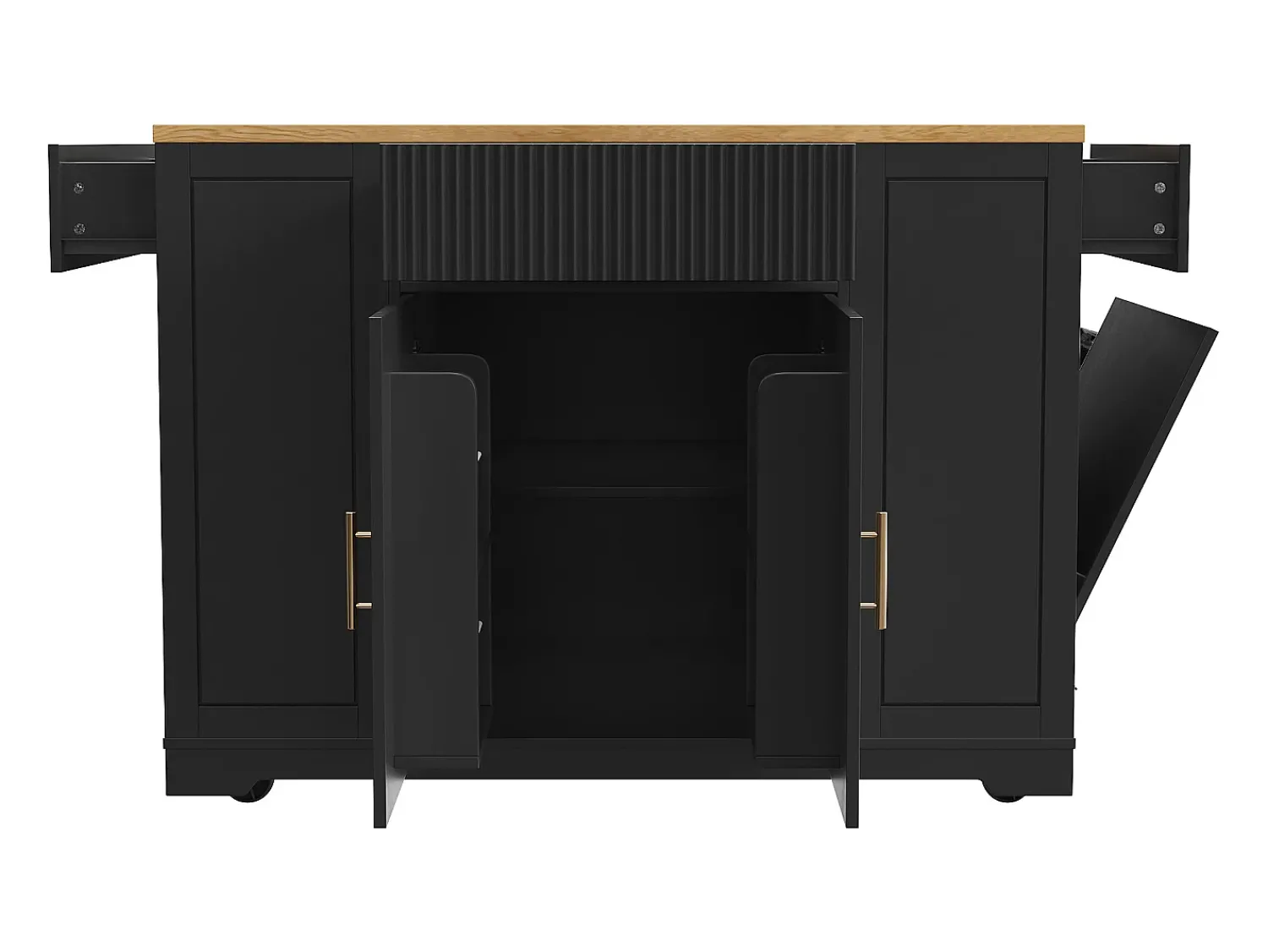 Best Hauss Spole Carrinho de cozinha com 2 portas, 3 gavetas e compartimento para o lixo, puxadores em metal, tampo com textura de madeira Preto