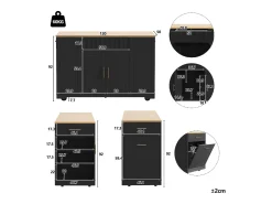 Best Hauss Spole Carrinho de cozinha com 2 portas, 3 gavetas e compartimento para o lixo, puxadores em metal, tampo com textura de madeira Preto