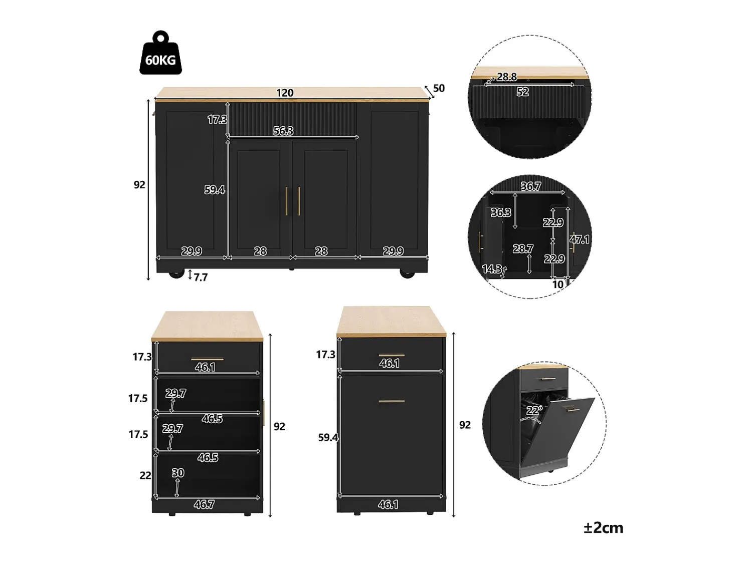 Best Hauss Spole Carrinho de cozinha com 2 portas, 3 gavetas e compartimento para o lixo, puxadores em metal, tampo com textura de madeira Preto