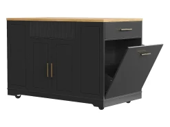 Best Hauss Spole Carrinho de cozinha com 2 portas, 3 gavetas e compartimento para o lixo, puxadores em metal, tampo com textura de madeira Preto