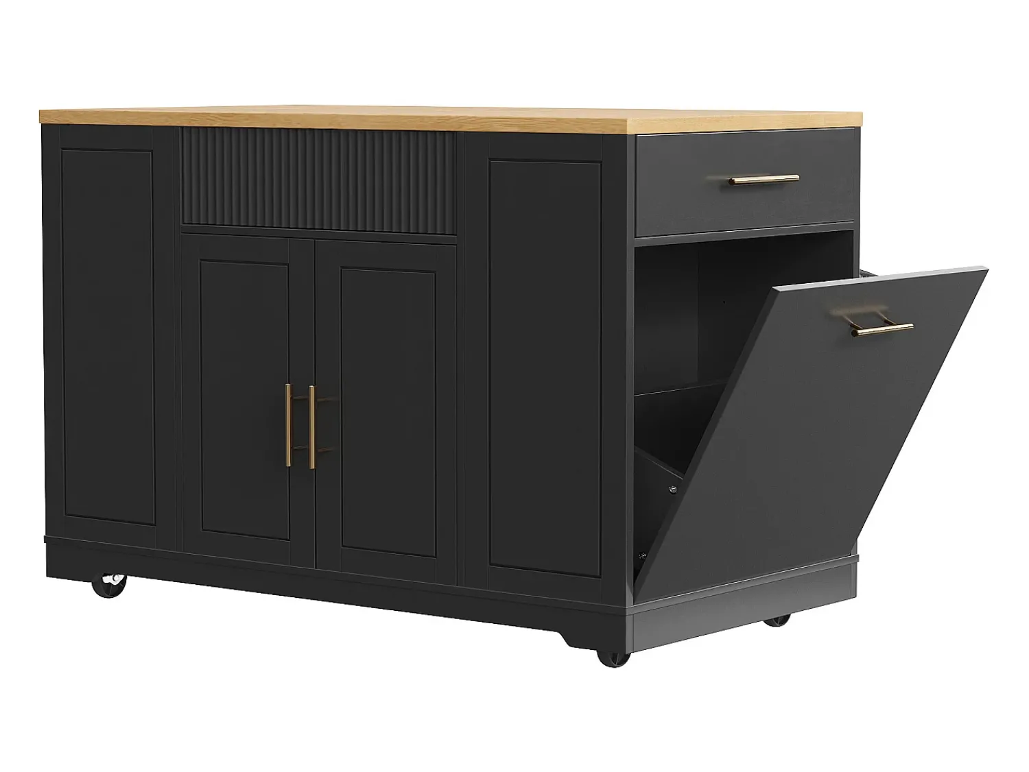 Best Hauss Spole Carrinho de cozinha com 2 portas, 3 gavetas e compartimento para o lixo, puxadores em metal, tampo com textura de madeira Preto