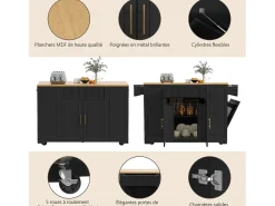 Best Hauss Spole Carrinho de cozinha com 2 portas, 3 gavetas e compartimento para o lixo, puxadores em metal, tampo com textura de madeira Preto