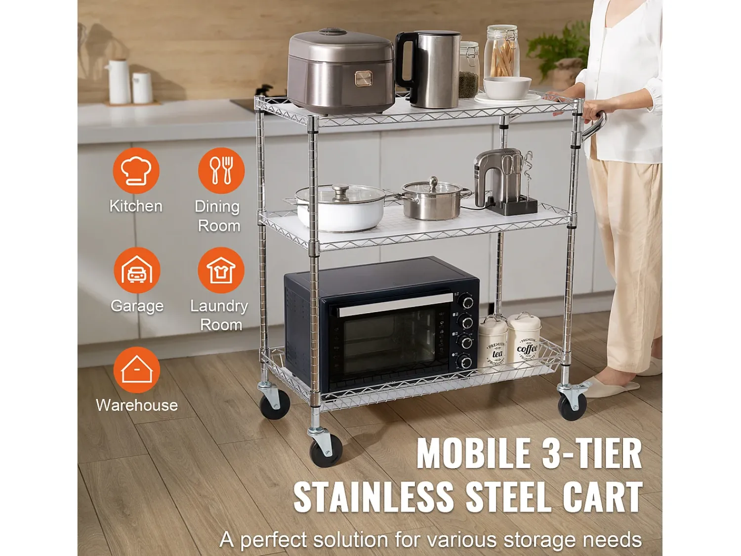 Móvel De Arrumação* Carrinho de Cozinha, SucceBuy Carrinho Utilitário de 3 Andares com Rodízios 89 × 46 × 90 cm 300 kg 6 Ganchos Prateado