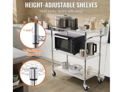 Móvel De Arrumação* Carrinho de Cozinha, SucceBuy Carrinho Utilitário de 3 Andares com Rodízios 89 × 46 × 90 cm 300 kg 6 Ganchos Prateado