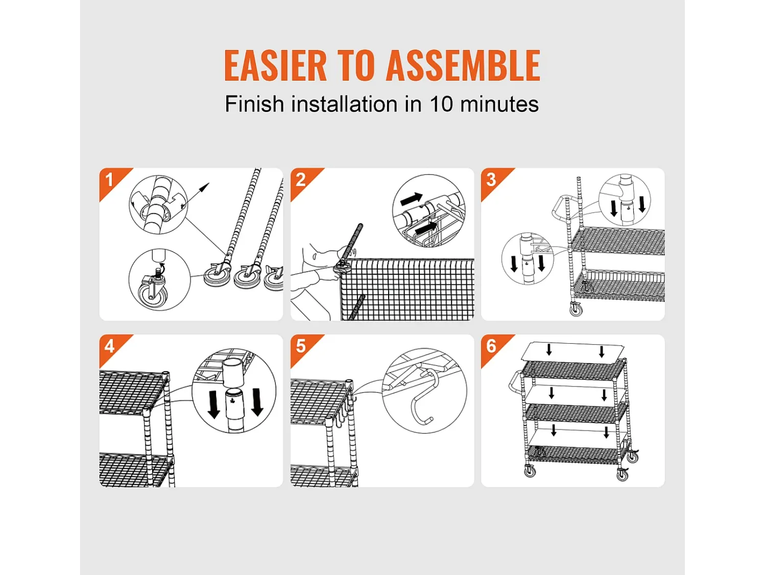 Móvel De Arrumação* Carrinho de Cozinha, SucceBuy Carrinho Utilitário de 3 Andares com Rodízios 89 × 46 × 90 cm 300 kg 6 Ganchos Prateado