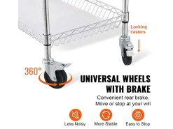 Móvel De Arrumação* Carrinho de Cozinha, SucceBuy Carrinho Utilitário de 3 Andares com Rodízios 89 × 46 × 90 cm 300 kg 6 Ganchos Prateado