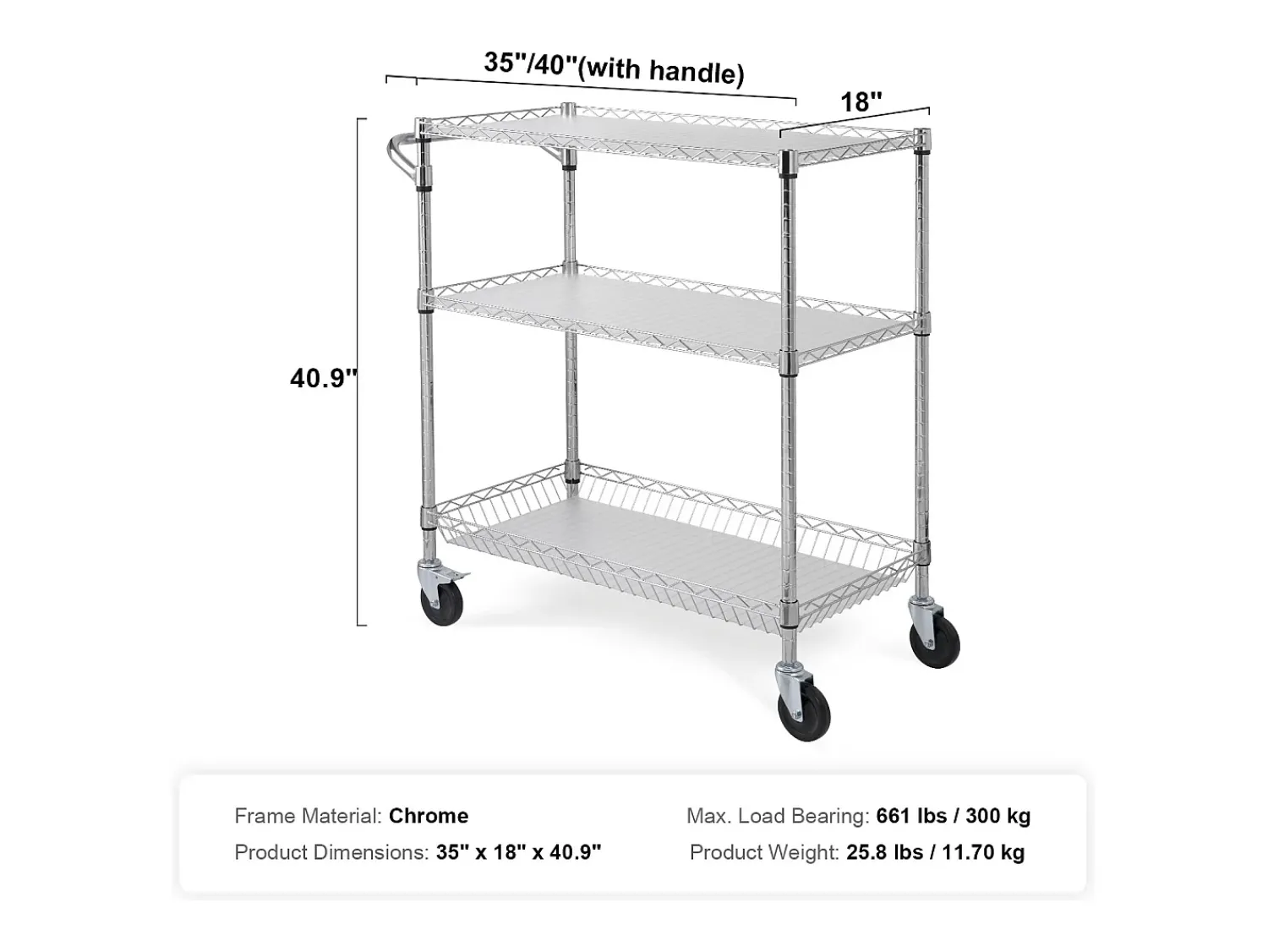 Móvel De Arrumação* Carrinho de Cozinha, SucceBuy Carrinho Utilitário de 3 Andares com Rodízios 89 × 46 × 90 cm 300 kg 6 Ganchos Prateado