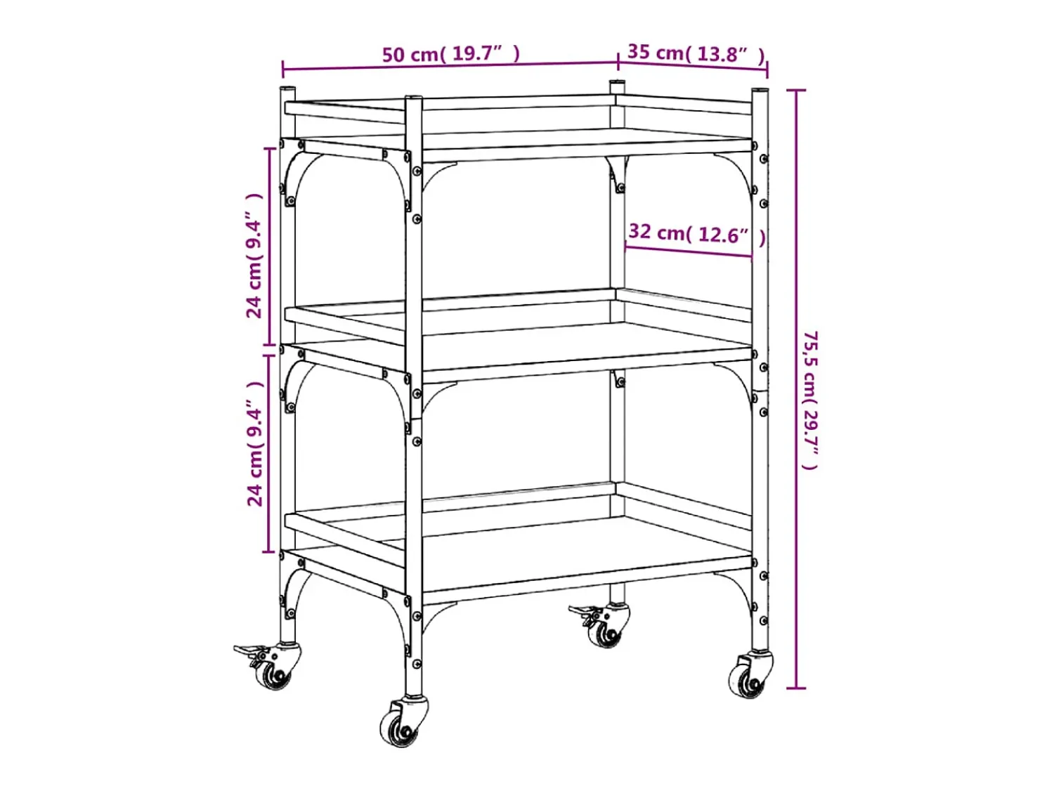Móvel De Arrumação|vidaxl Carrinho de cozinha 50x35x75,5cm derivados madeira cinza sonoma Cinzento