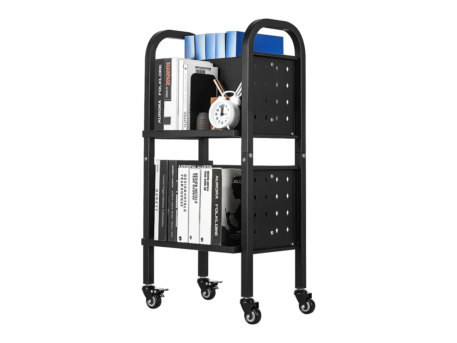 Acessórios De Arrumação* Carrinho de Livros SucceBuy, Capacidade de Carga 70 kg, Carrinho de Biblioteca, 45 x 33 x 88 cm, Prateleira de Armazenamento de Livros Dupla Face em L, Preto