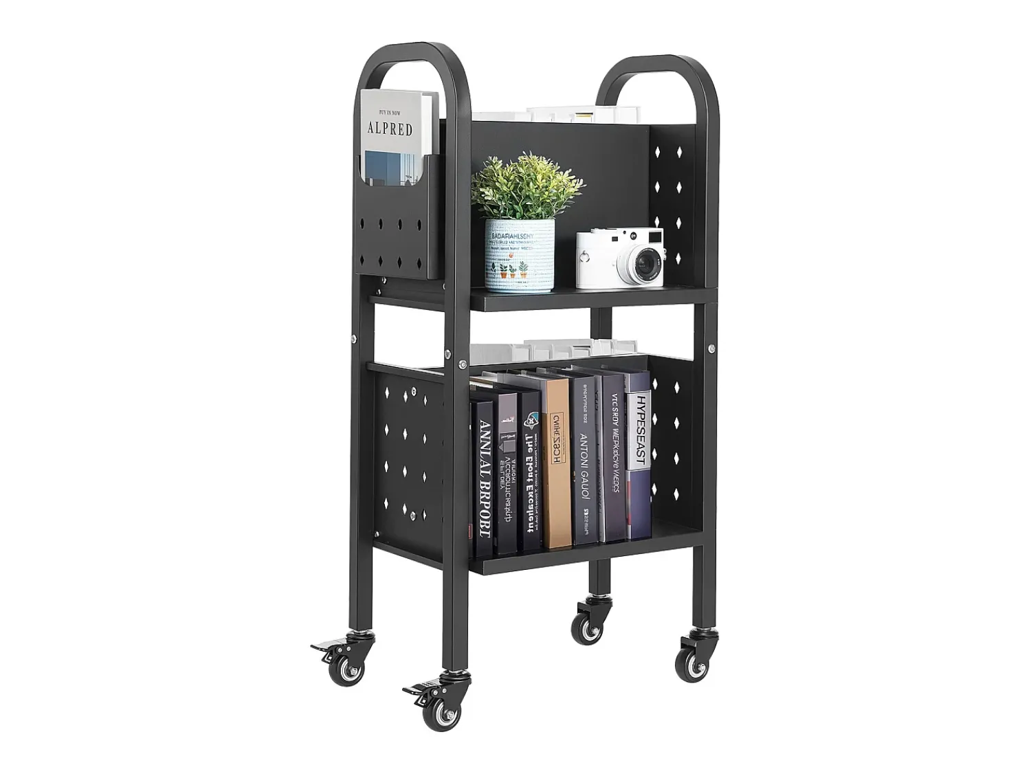 Acessórios De Arrumação* Carrinho de Livros SucceBuy, Capacidade de Carga 70 kg, Carrinho de Biblioteca, 45 x 33 x 88 cm, Prateleira de Armazenamento de Livros Dupla Face em L, Preto