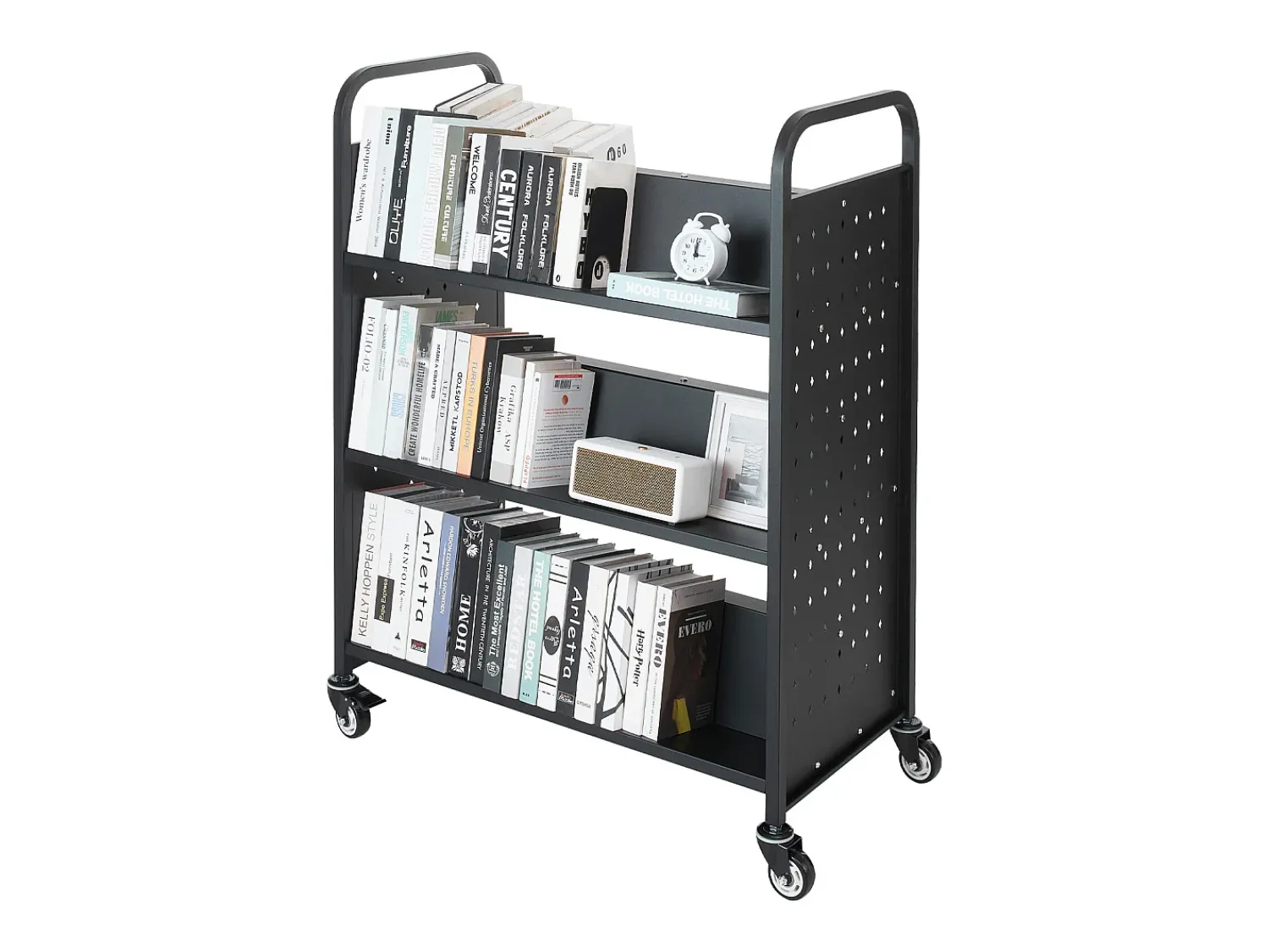 Acessórios De Arrumação* Carrinho de Livros SucceBuy, Capacidade de Carga 150 kg, 97x51,5x122,5 cm, Prateleira de Armazenamento de Livros Dupla Face em W com Rodas Freio Duplo, Preto