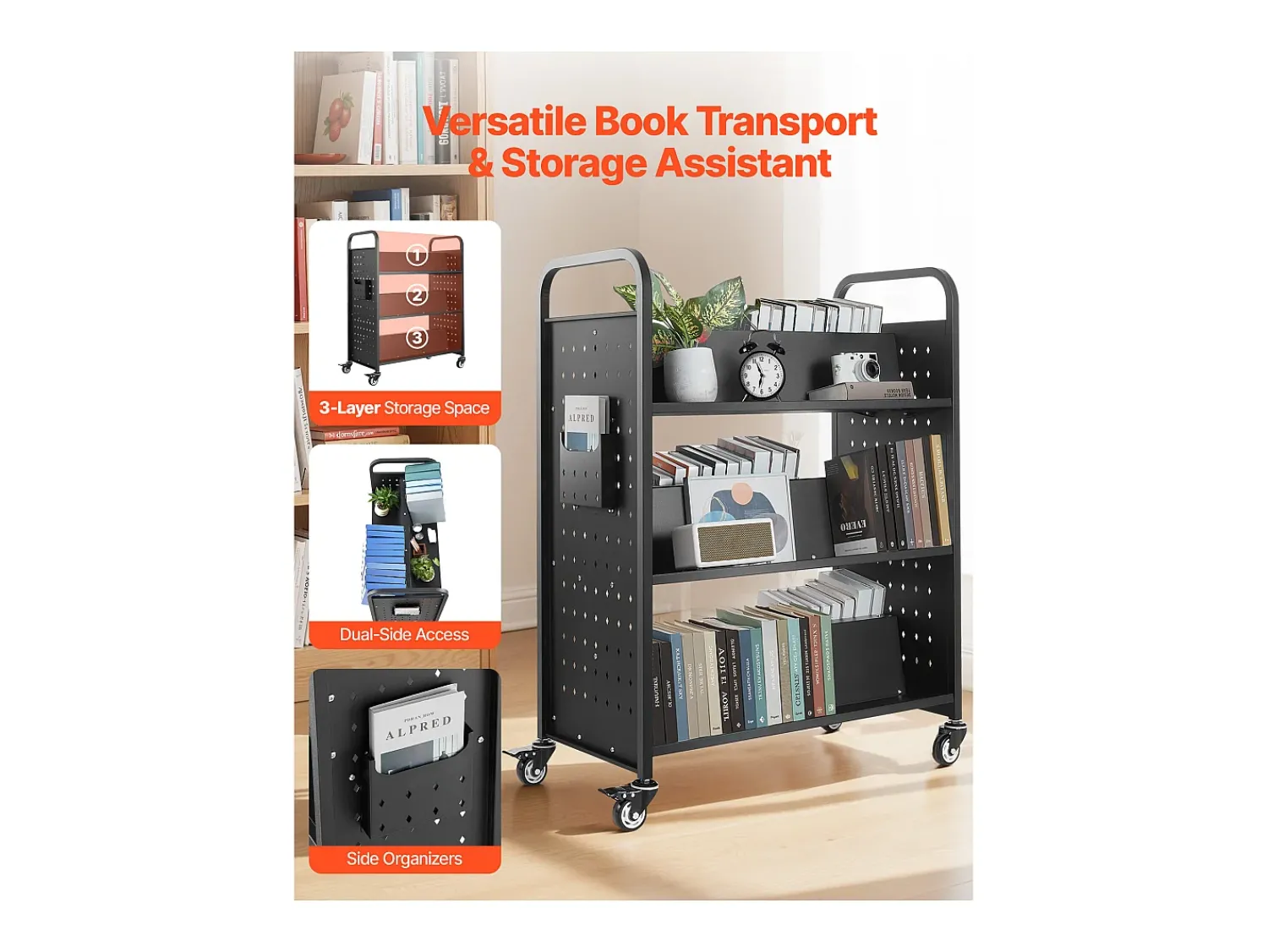 Acessórios De Arrumação* Carrinho de Livros SucceBuy, Capacidade de Carga 150 kg, 97x51,5x122,5 cm, Prateleira de Armazenamento de Livros Dupla Face em W com Rodas Freio Duplo, Preto