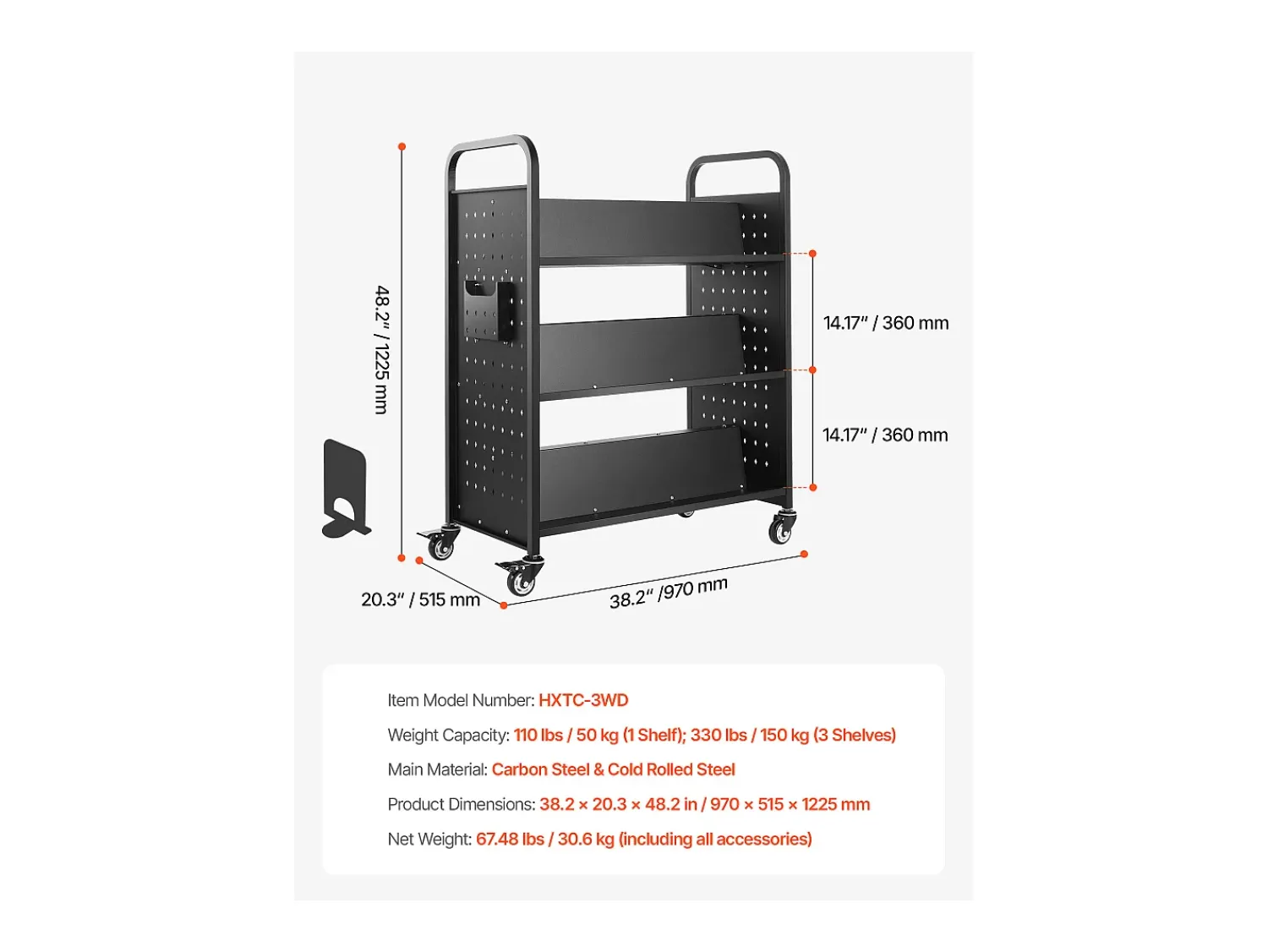 Acessórios De Arrumação* Carrinho de Livros SucceBuy, Capacidade de Carga 150 kg, 97x51,5x122,5 cm, Prateleira de Armazenamento de Livros Dupla Face em W com Rodas Freio Duplo, Preto