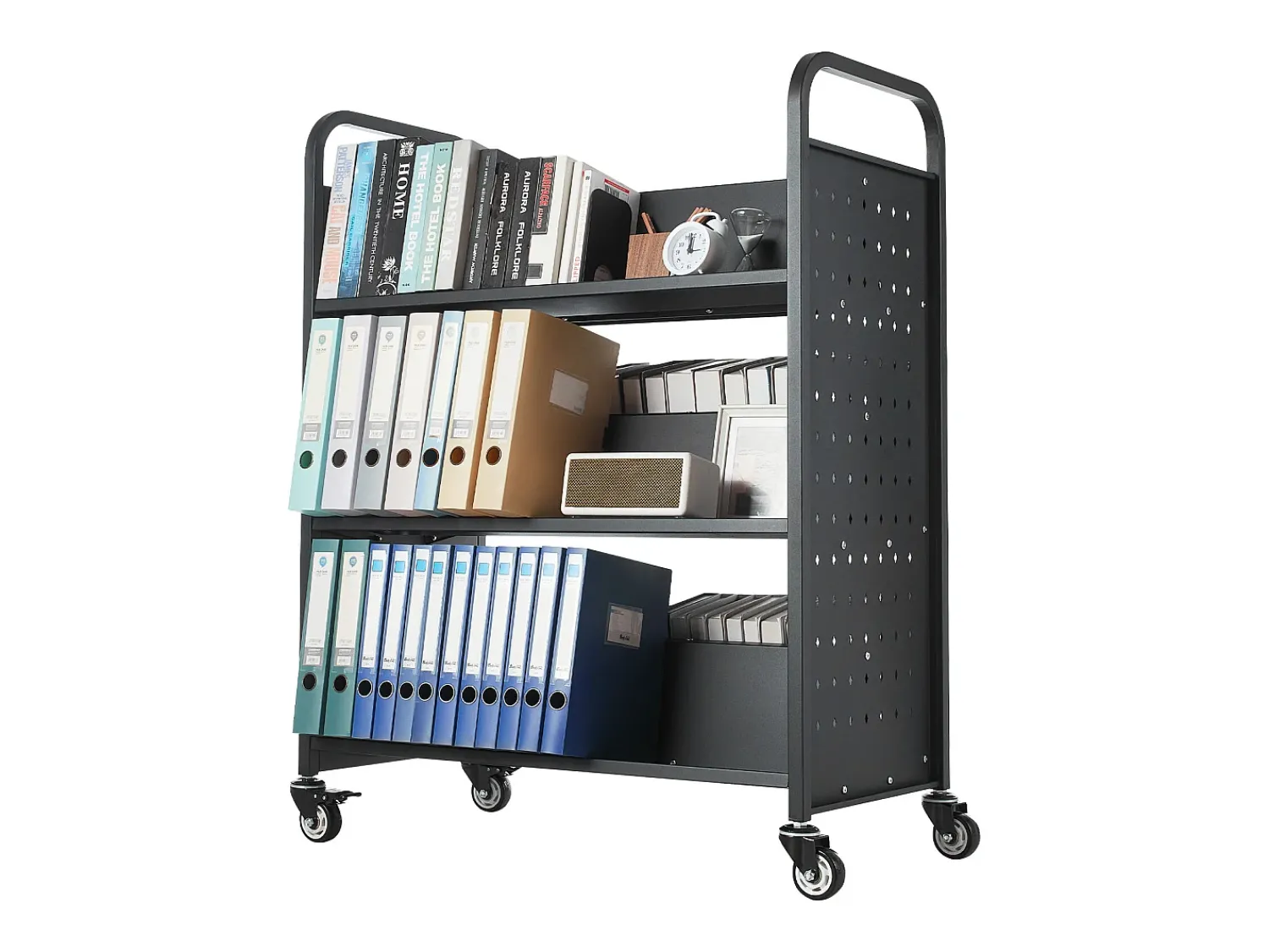 Acessórios De Arrumação* Carrinho de Livros SucceBuy, Capacidade de Carga 150 kg, 97x51,5x122,5 cm, Prateleira de Armazenamento de Livros Dupla Face em W com Rodas Freio Duplo, Preto