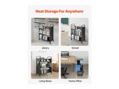 Acessórios De Arrumação* Carrinho de Livros SucceBuy, Capacidade de Carga 150 kg, 97x51,5x122,5 cm, Prateleira de Armazenamento de Livros Dupla Face em W com Rodas Freio Duplo, Preto