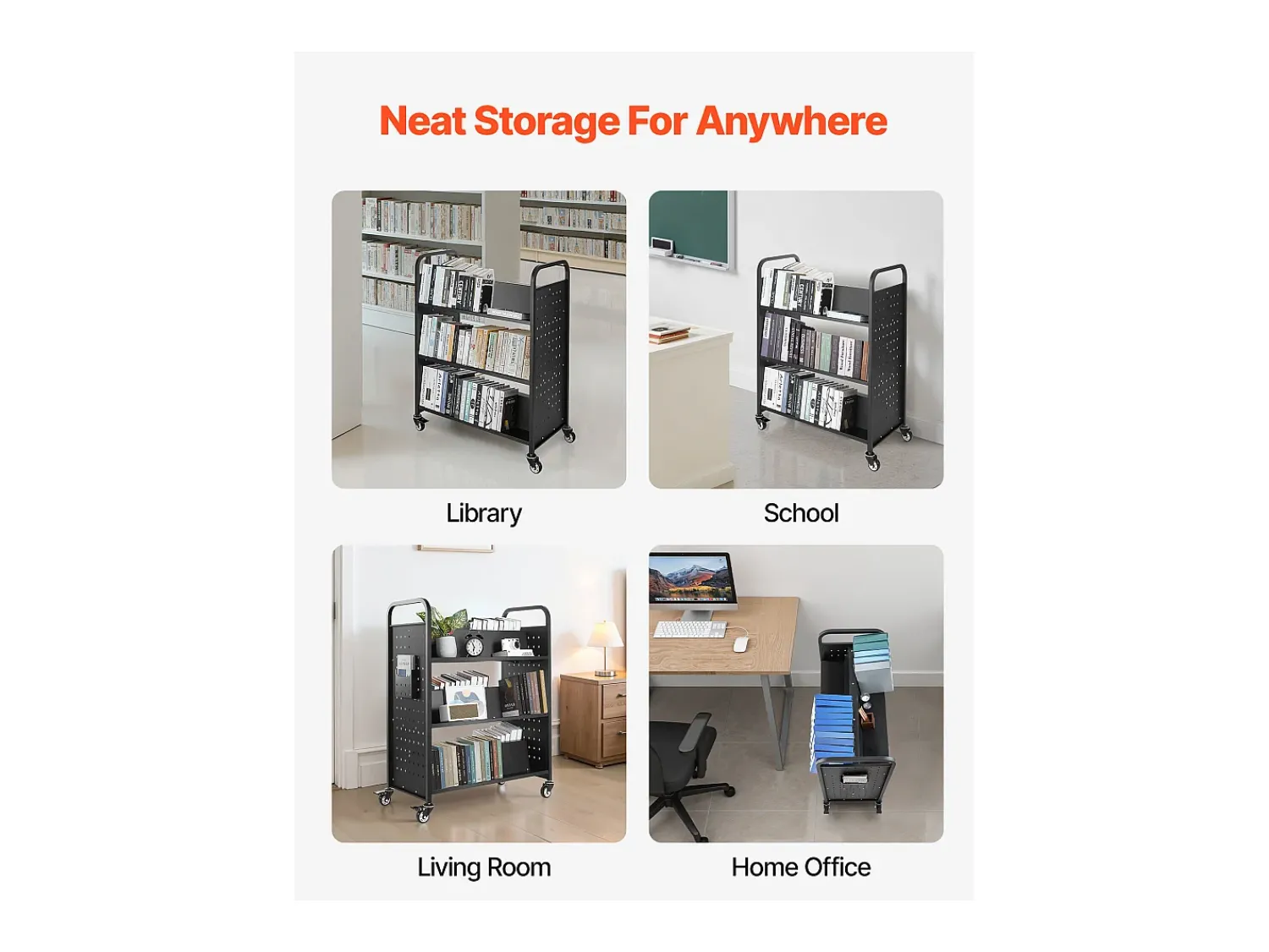 Acessórios De Arrumação* Carrinho de Livros SucceBuy, Capacidade de Carga 150 kg, 97x51,5x122,5 cm, Prateleira de Armazenamento de Livros Dupla Face em W com Rodas Freio Duplo, Preto