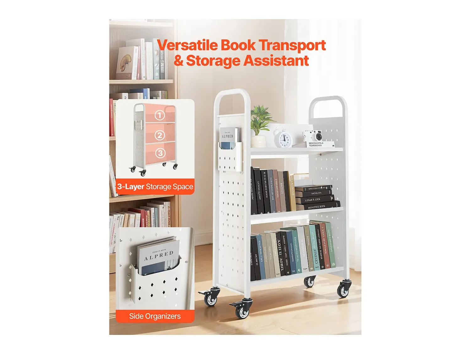 Carrinho de Livros SucceBuy, Capacidade de Carga 150 kg, Carrinho de Biblioteca, 77 x 38 x 122 cm, Prateleira de Armazenamento de Livros Face Única em V,^ Acessórios De Arrumação