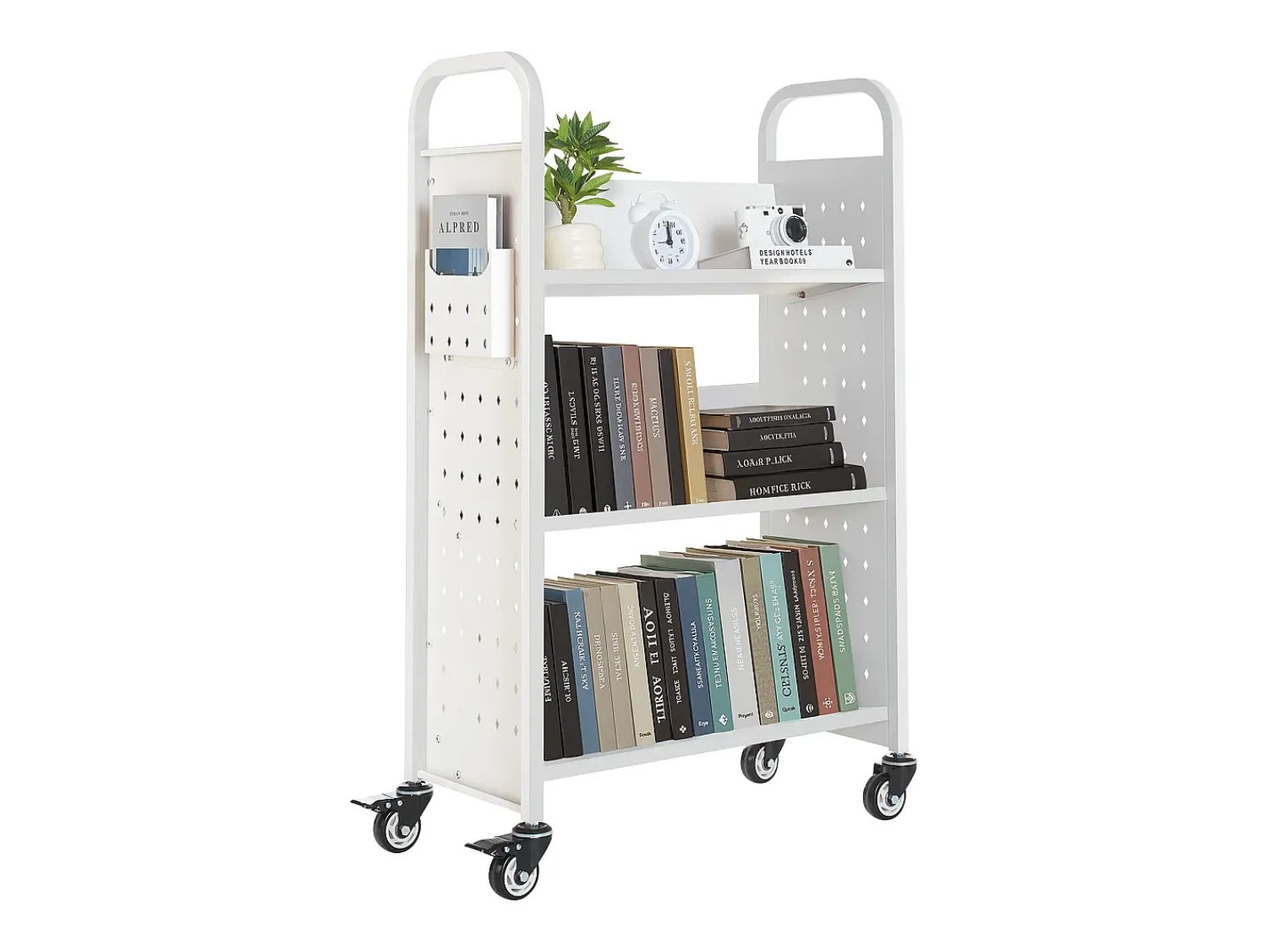 Carrinho de Livros SucceBuy, Capacidade de Carga 150 kg, Carrinho de Biblioteca, 77 x 38 x 122 cm, Prateleira de Armazenamento de Livros Face Única em V,^ Acessórios De Arrumação