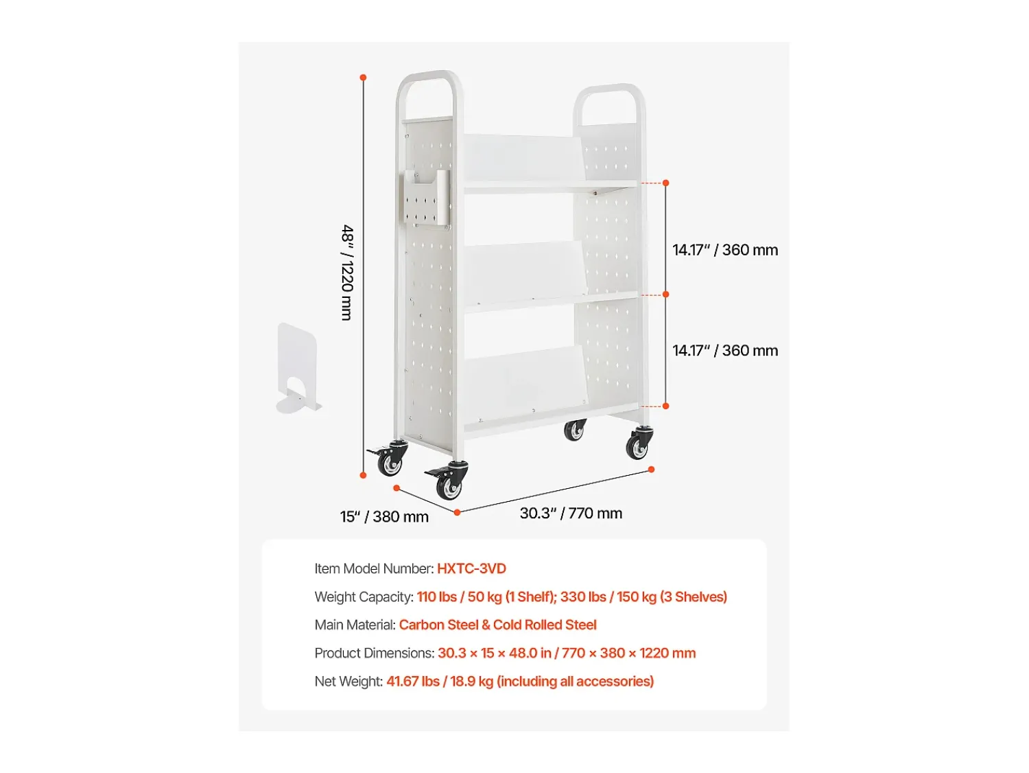 Carrinho de Livros SucceBuy, Capacidade de Carga 150 kg, Carrinho de Biblioteca, 77 x 38 x 122 cm, Prateleira de Armazenamento de Livros Face Única em V,^ Acessórios De Arrumação