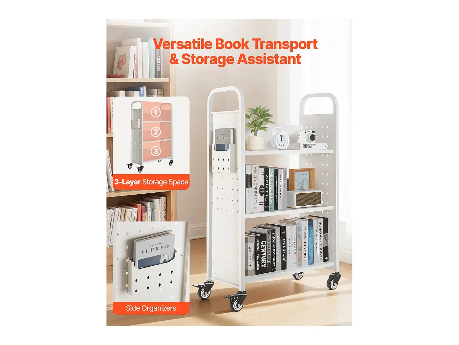 Acessórios De Arrumação* Carrinho de Livros SucceBuy, Capacidade de Carga 150 kg, Carrinho de Biblioteca, 77 x 38 x 122 cm, Prateleira de Armazenamento de Livros Face Única em L, Branco