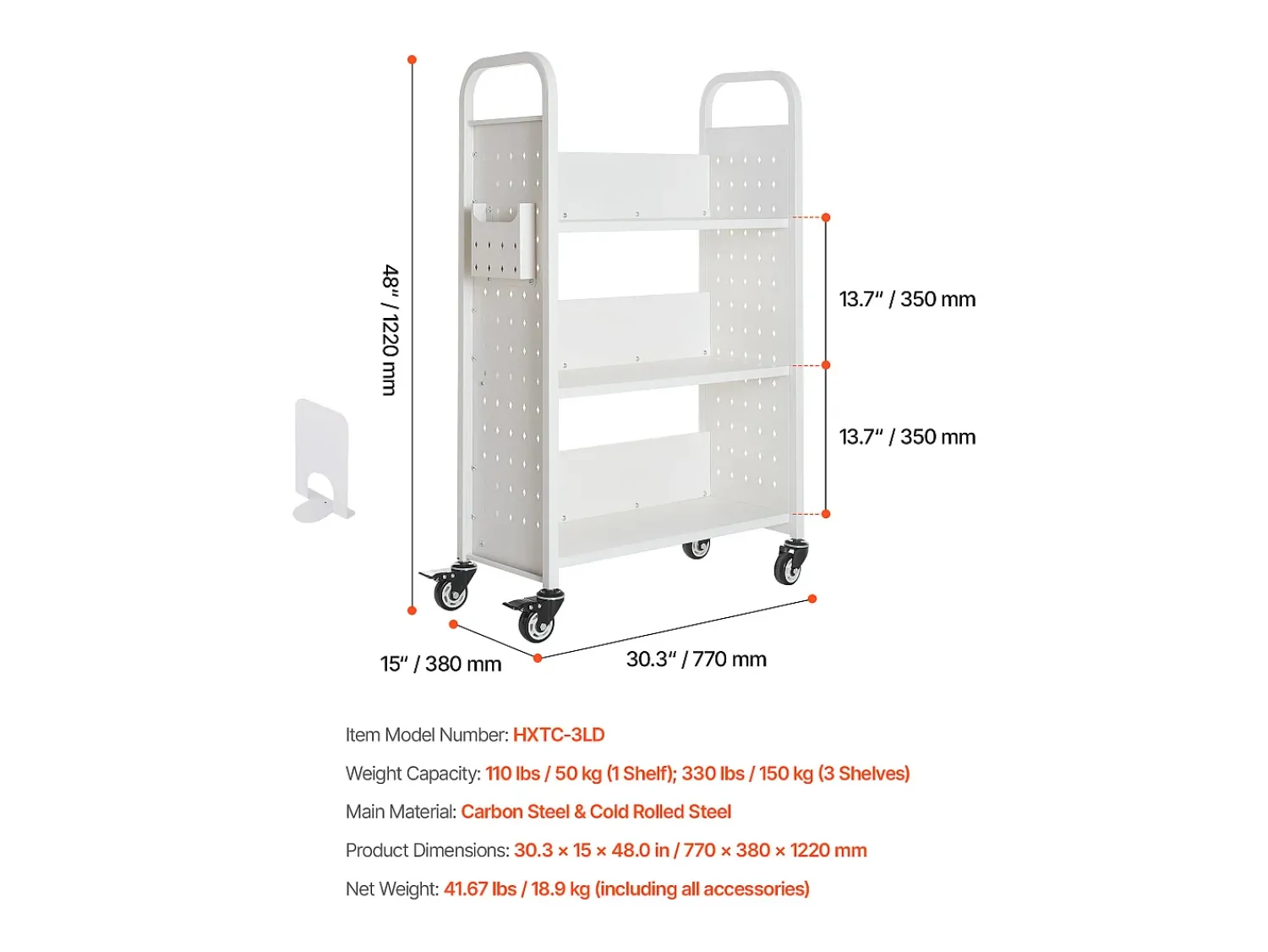 Acessórios De Arrumação* Carrinho de Livros SucceBuy, Capacidade de Carga 150 kg, Carrinho de Biblioteca, 77 x 38 x 122 cm, Prateleira de Armazenamento de Livros Face Única em L, Branco