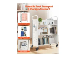 Online Carrinho de Livros SucceBuy, Capacidade de Carga 150 kg, Carrinho de Biblioteca, 97x51,5x122,5 cm, Prateleira de Armazenamento de Livros Dupla Face, para Sala Branco