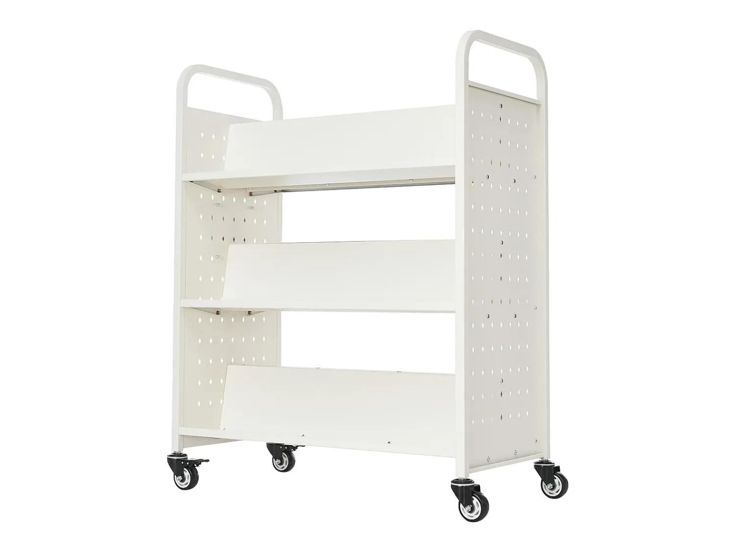 Online Carrinho de Livros SucceBuy, Capacidade de Carga 150 kg, Carrinho de Biblioteca, 97x51,5x122,5 cm, Prateleira de Armazenamento de Livros Dupla Face, para Sala Branco
