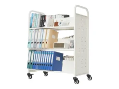 Online Carrinho de Livros SucceBuy, Capacidade de Carga 150 kg, Carrinho de Biblioteca, 97x51,5x122,5 cm, Prateleira de Armazenamento de Livros Dupla Face, para Sala Branco