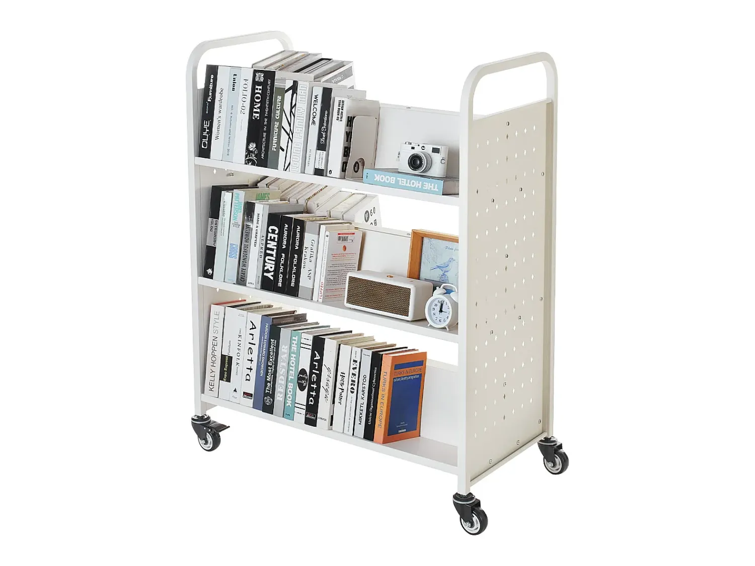 Online Carrinho de Livros SucceBuy, Capacidade de Carga 150 kg, Carrinho de Biblioteca, 97x51,5x122,5 cm, Prateleira de Armazenamento de Livros Dupla Face, para Sala Branco