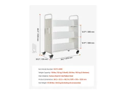 Online Carrinho de Livros SucceBuy, Capacidade de Carga 150 kg, Carrinho de Biblioteca, 97x51,5x122,5 cm, Prateleira de Armazenamento de Livros Dupla Face, para Sala Branco