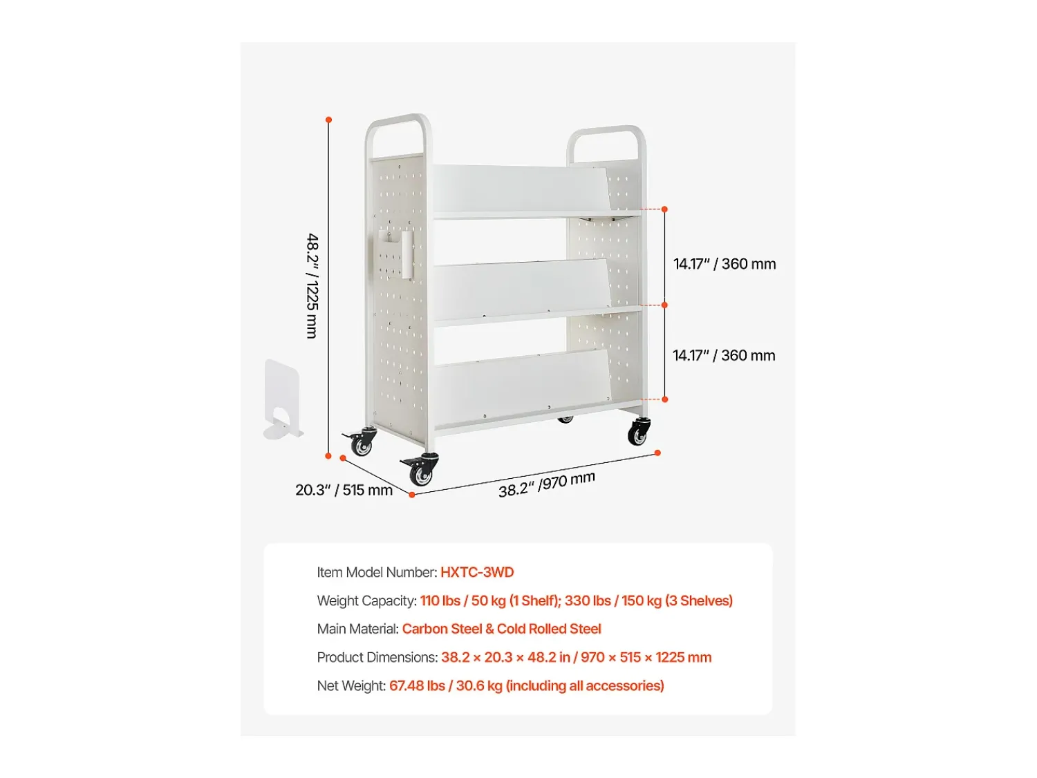 Online Carrinho de Livros SucceBuy, Capacidade de Carga 150 kg, Carrinho de Biblioteca, 97x51,5x122,5 cm, Prateleira de Armazenamento de Livros Dupla Face, para Sala Branco