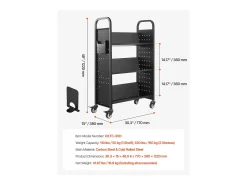 Acessórios De Arrumação| Carrinho de Livros SucceBuy, Capacidade de Carga 150 kg, 77 x 38 x 122 cm, Prateleira de Armazenamento de Livros Face Única em V, para Sala, Escritório, Escola Preto