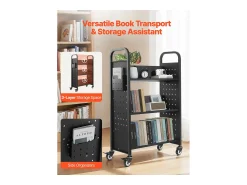 Acessórios De Arrumação| Carrinho de Livros SucceBuy, Capacidade de Carga 150 kg, 77 x 38 x 122 cm, Prateleira de Armazenamento de Livros Face Única em V, para Sala, Escritório, Escola Preto