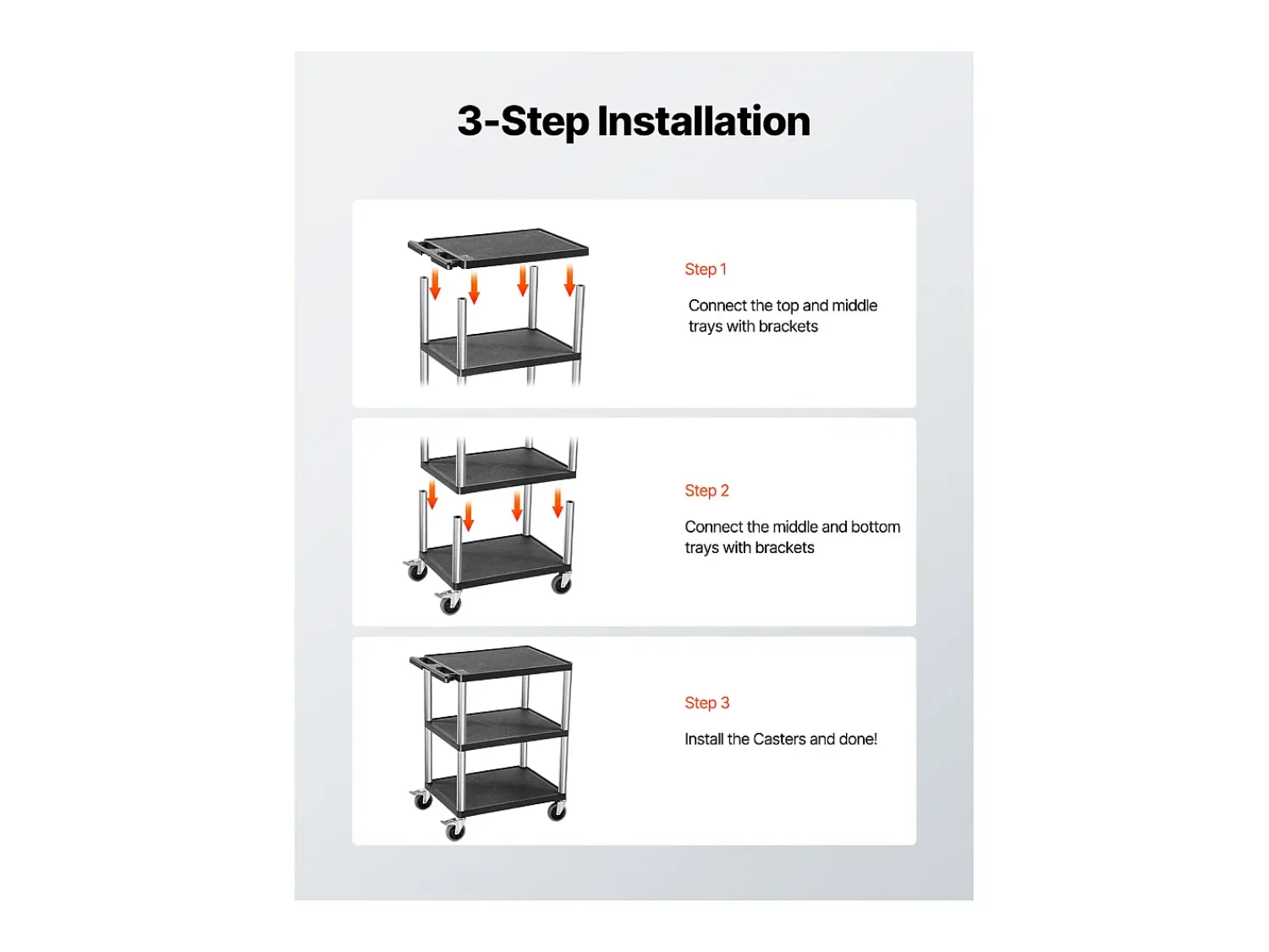 Carrinho de Serviço SucceBuy Carrinho Utilitário com Rodas em Plástico Resistente com 3 Níveis com Rodas Giratórias de 360°, 695 x 460 x 825 mm^ Móvel De Arrumação