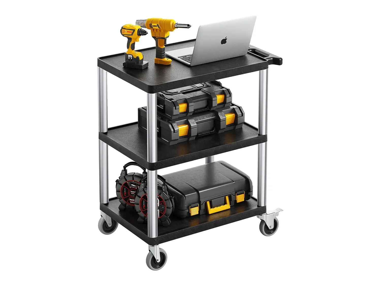 Carrinho de Serviço SucceBuy Carrinho Utilitário com Rodas em Plástico Resistente com 3 Níveis com Rodas Giratórias de 360°, 695 x 460 x 825 mm^ Móvel De Arrumação