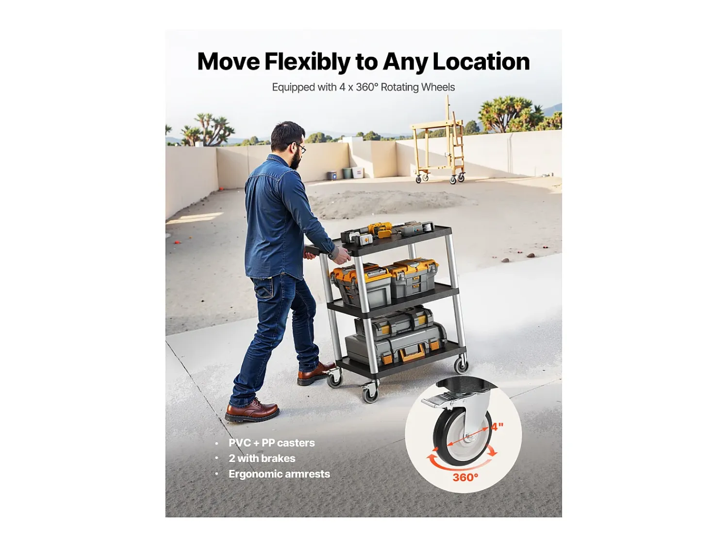 Carrinho de Serviço SucceBuy Carrinho Utilitário com Rodas em Plástico Resistente com 3 Níveis com Rodas Giratórias de 360°, 695 x 460 x 825 mm^ Móvel De Arrumação
