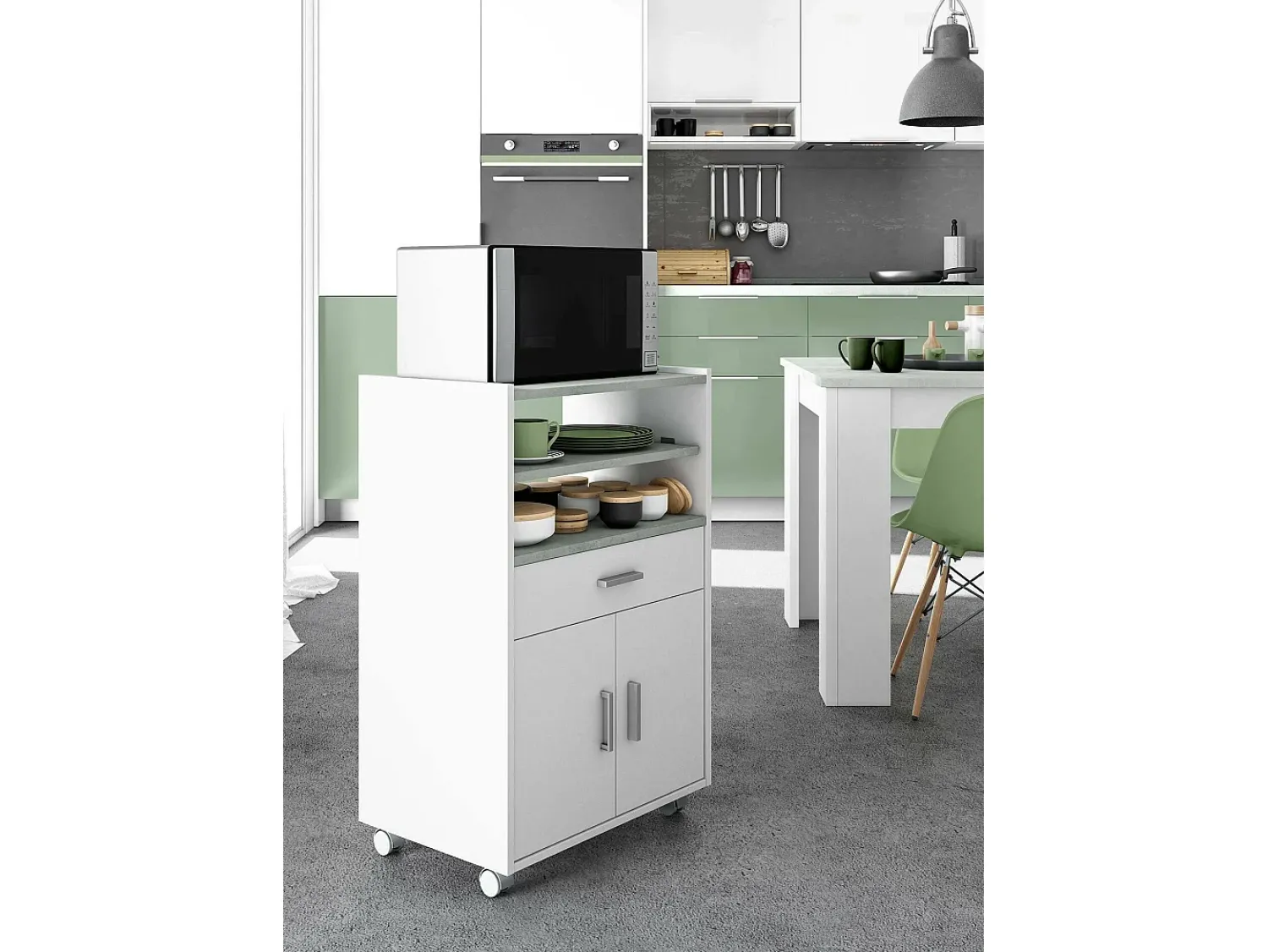 Dmora Carrinho Dmatte, Armário auxiliar de cozinha com rodas, Armário multiuso com 2 portas e 1 prateleira, 59x40h92 cm,^ Móvel De Arrumação