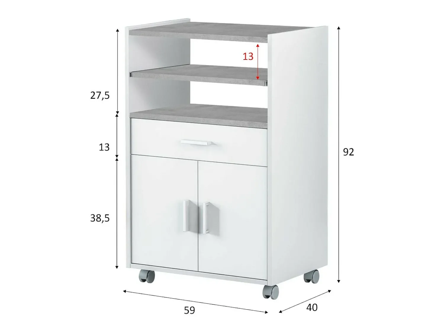 Dmora Carrinho Dmatte, Armário auxiliar de cozinha com rodas, Armário multiuso com 2 portas e 1 prateleira, 59x40h92 cm,^ Móvel De Arrumação