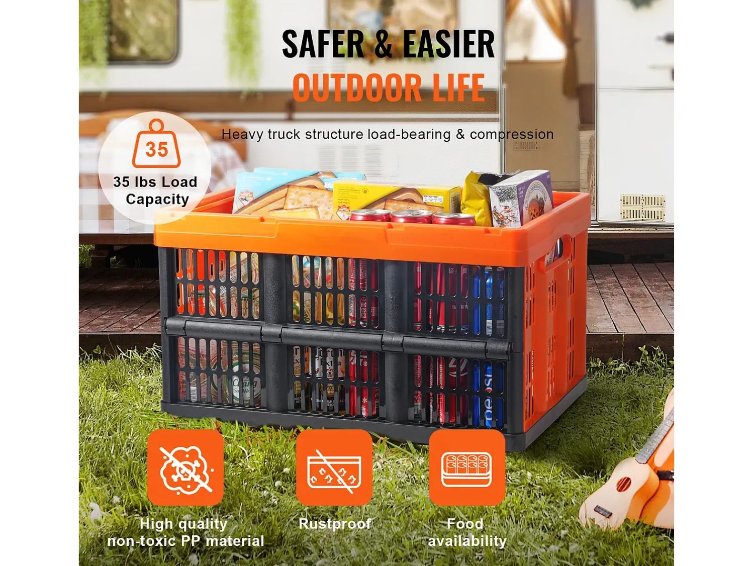 New Cestas de Armazenamento SucceBuy Dobráveis, 45 L, Plástico Dobrável, Lote de 3, Empilháveis - Solução Prática para Organizar e Guardar Pertences Cor de laranja