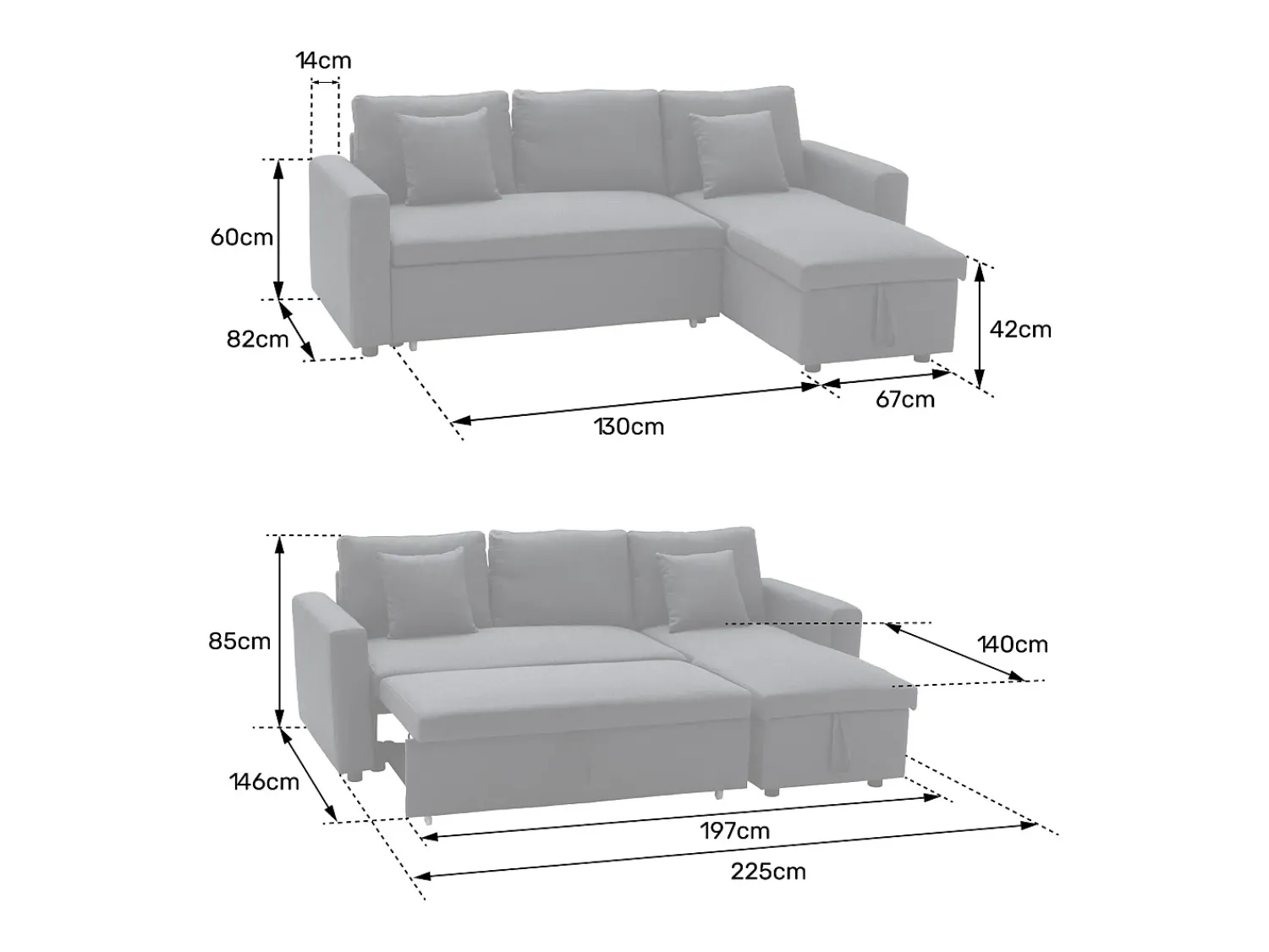 Sofá*Happy Garden CLARK Sofá-cama de canto de 3 lugares cinzento e Branco