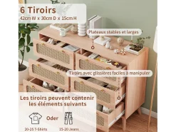 Vitrina* Cômoda de 6 gavetas em rattan natural, estilo boêmio, para quarto ou sala de estar, cor madeira. Natural claro