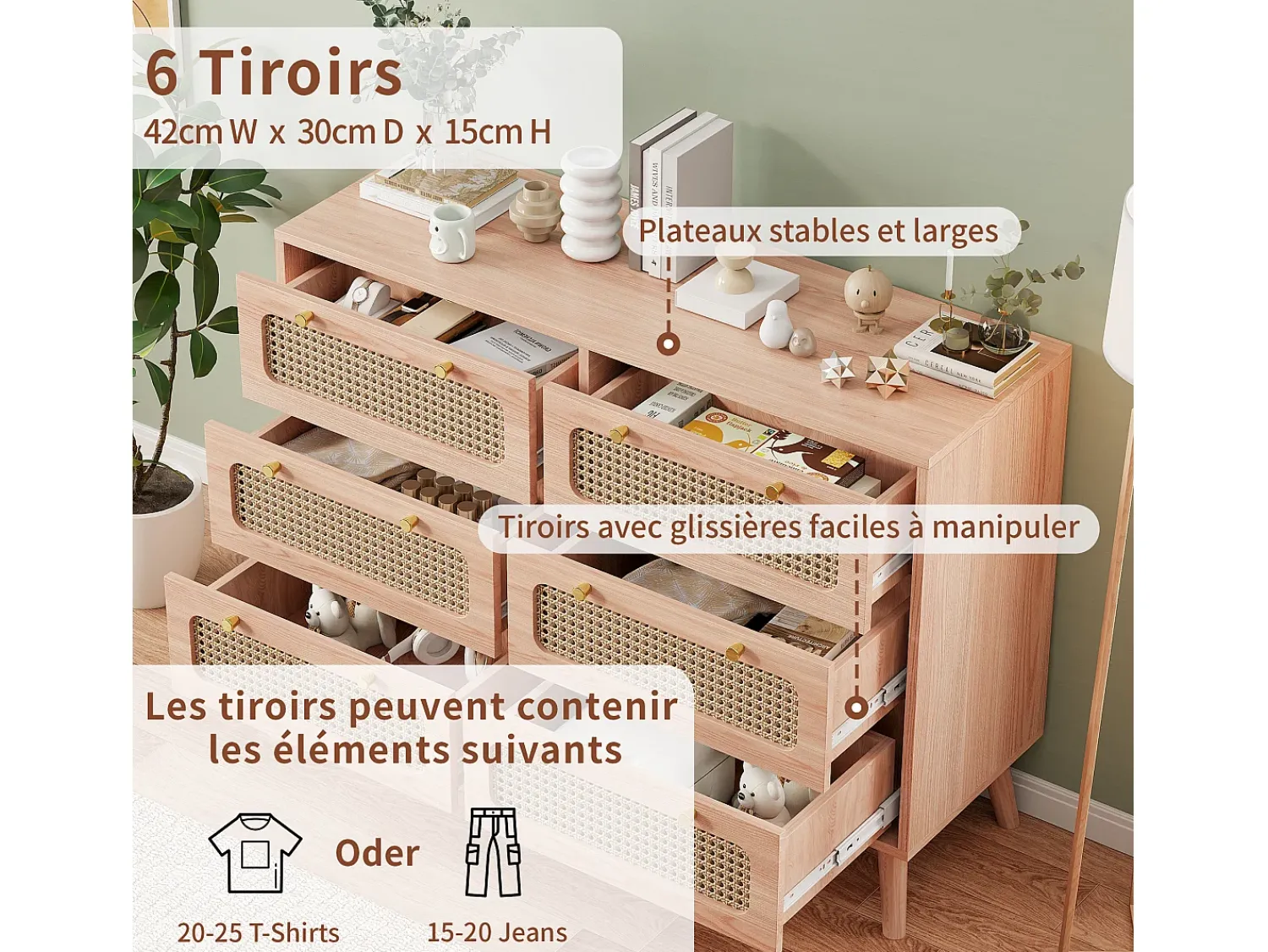 Vitrina* Cômoda de 6 gavetas em rattan natural, estilo boêmio, para quarto ou sala de estar, cor madeira. Natural claro