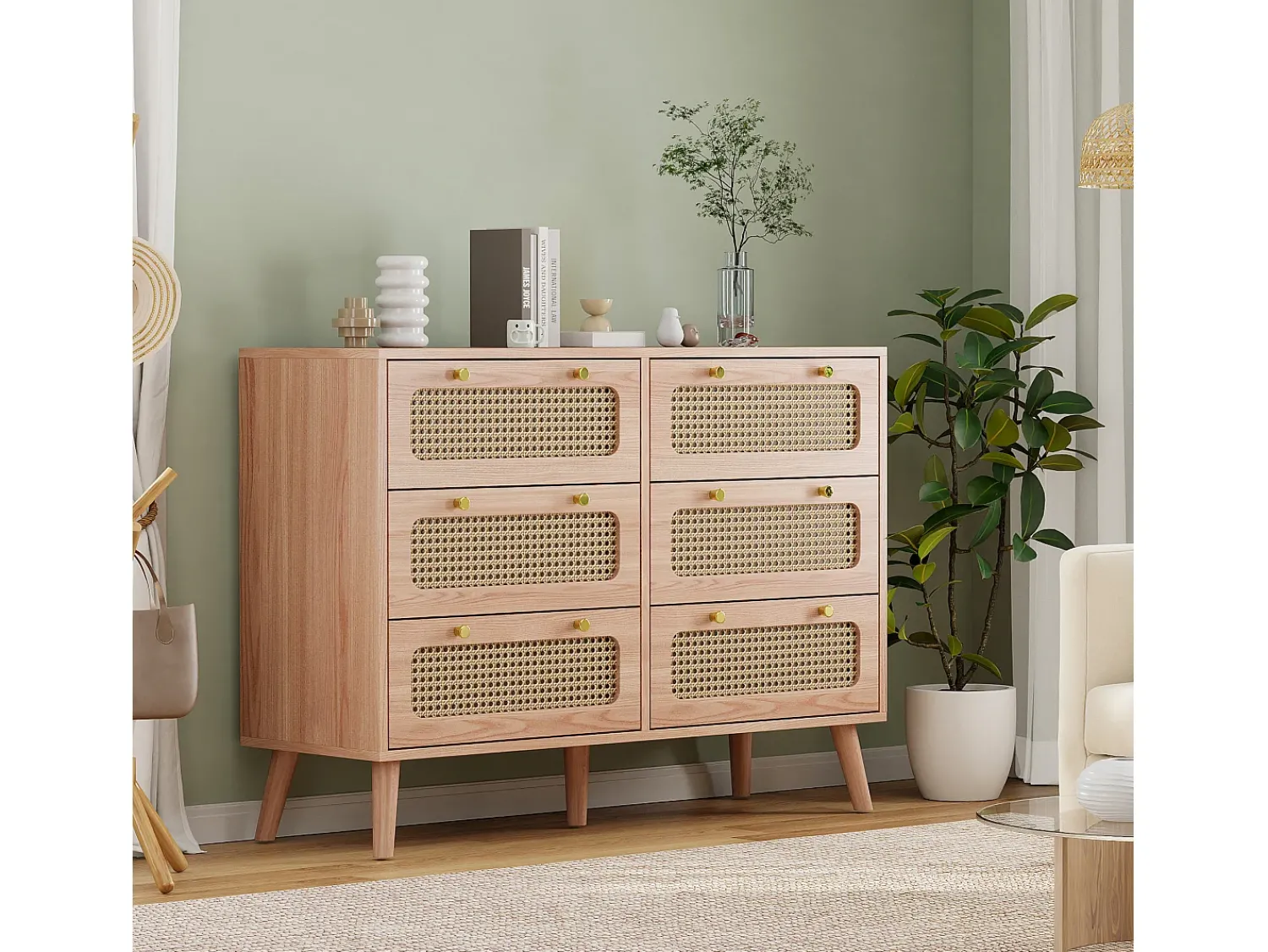 Vitrina* Cômoda de 6 gavetas em rattan natural, estilo boêmio, para quarto ou sala de estar, cor madeira. Natural claro