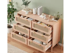 Vitrina* Cômoda de 6 gavetas em rattan natural, estilo boêmio, para quarto ou sala de estar, cor madeira. Natural claro
