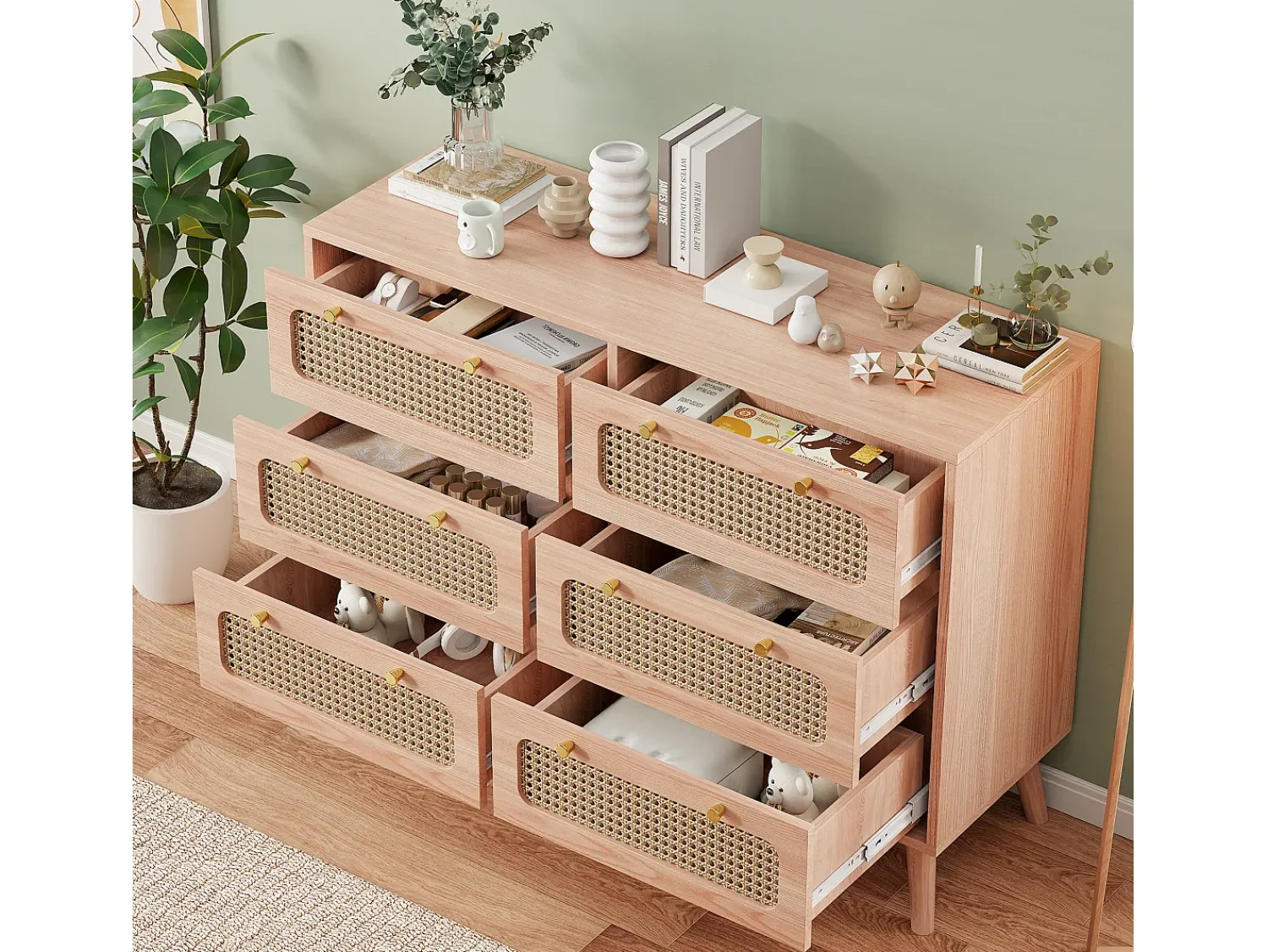 Vitrina* Cômoda de 6 gavetas em rattan natural, estilo boêmio, para quarto ou sala de estar, cor madeira. Natural claro