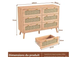Vitrina* Cômoda de 6 gavetas em rattan natural, estilo boêmio, para quarto ou sala de estar, cor madeira. Natural claro