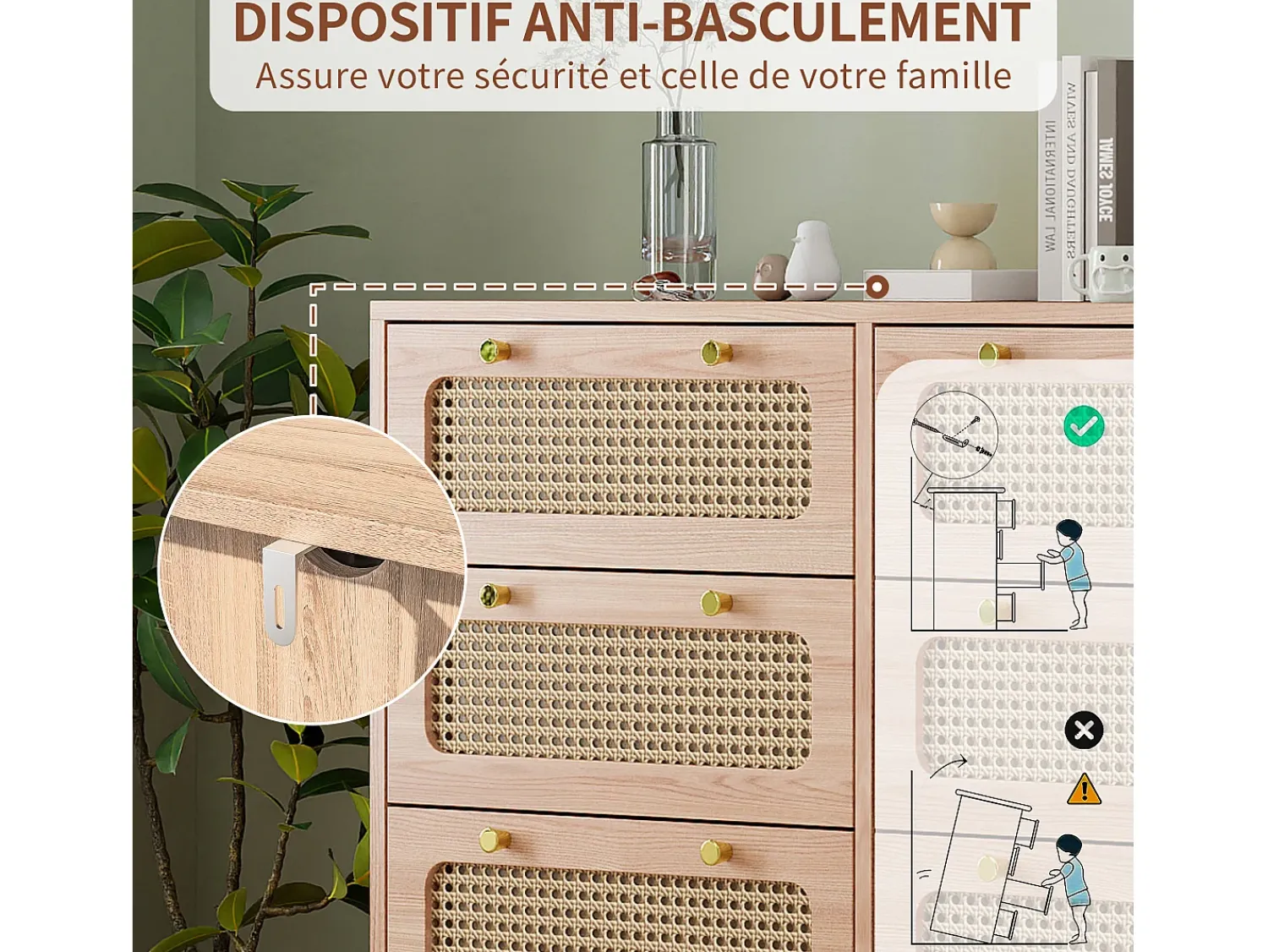 Vitrina* Cômoda de 6 gavetas em rattan natural, estilo boêmio, para quarto ou sala de estar, cor madeira. Natural claro