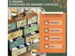 Cômoda de 9 gavetas para quarto, estilo industrial, estrutura de metal, tampo de madeira, multicolorida^ Vitrina